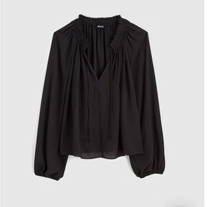 NWT Madewell Black Sheer Long-Sleeve Blouse with Ruffle Cuffs & Tie Neck